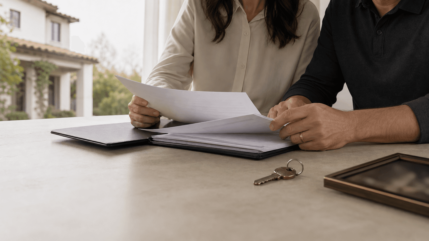 Familia revisando documentos de una casa que continúa a nombre de una persona fallecida