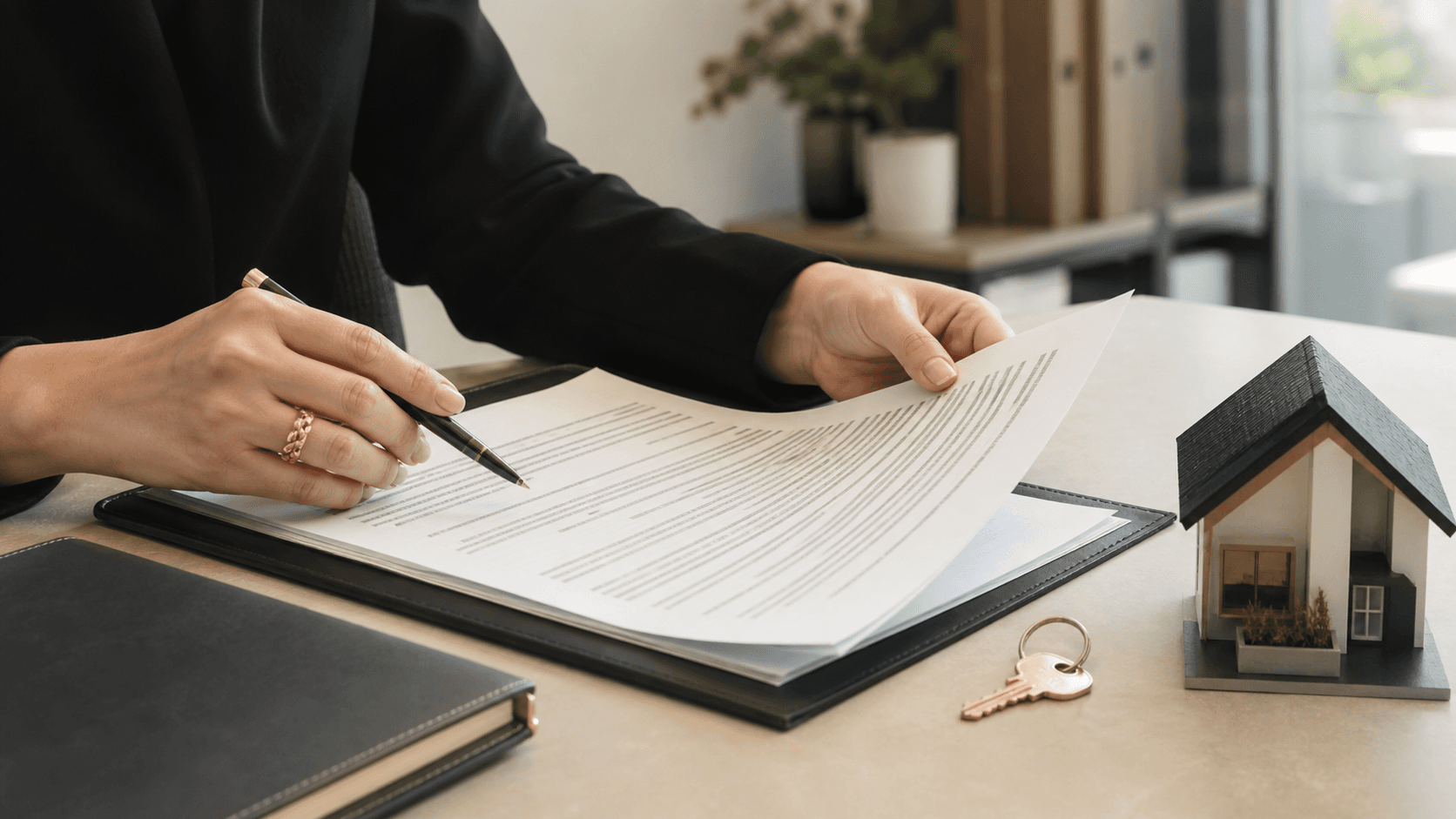 Compradora revisando escrituras, contrato y llaves de una casa antes de firmar la operación