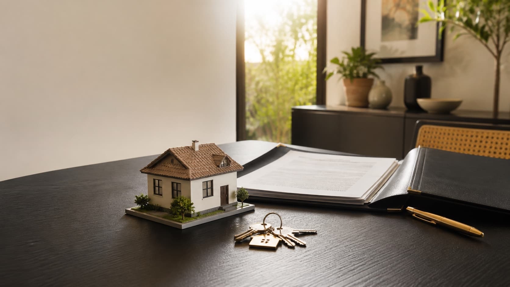 Modelo de una casa junto a llaves y documentos sobre una mesa
